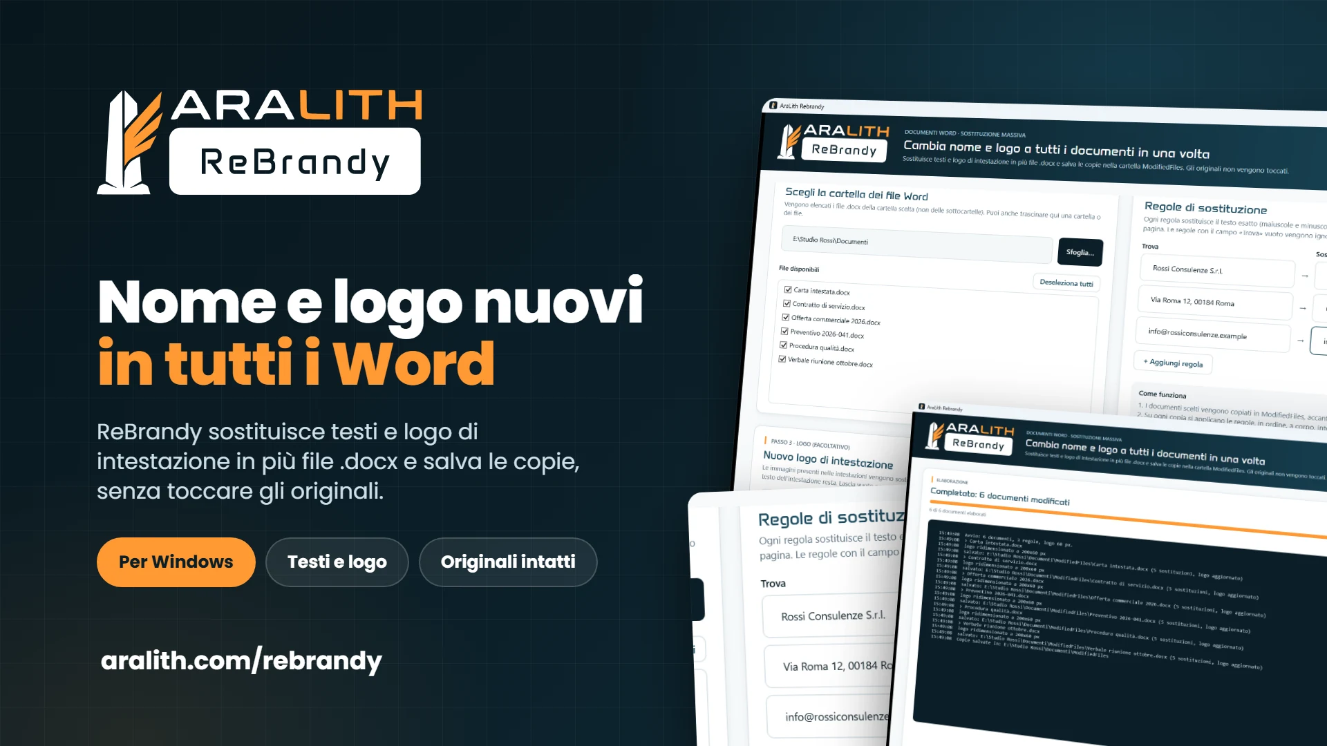 Copertina di ReBrandy, il programma gratuito di AraLith per cambiare nome e logo nei documenti Word